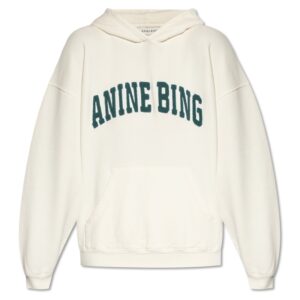 ANINE BING Harvey White Logo Hoodie front view with bold black logo.